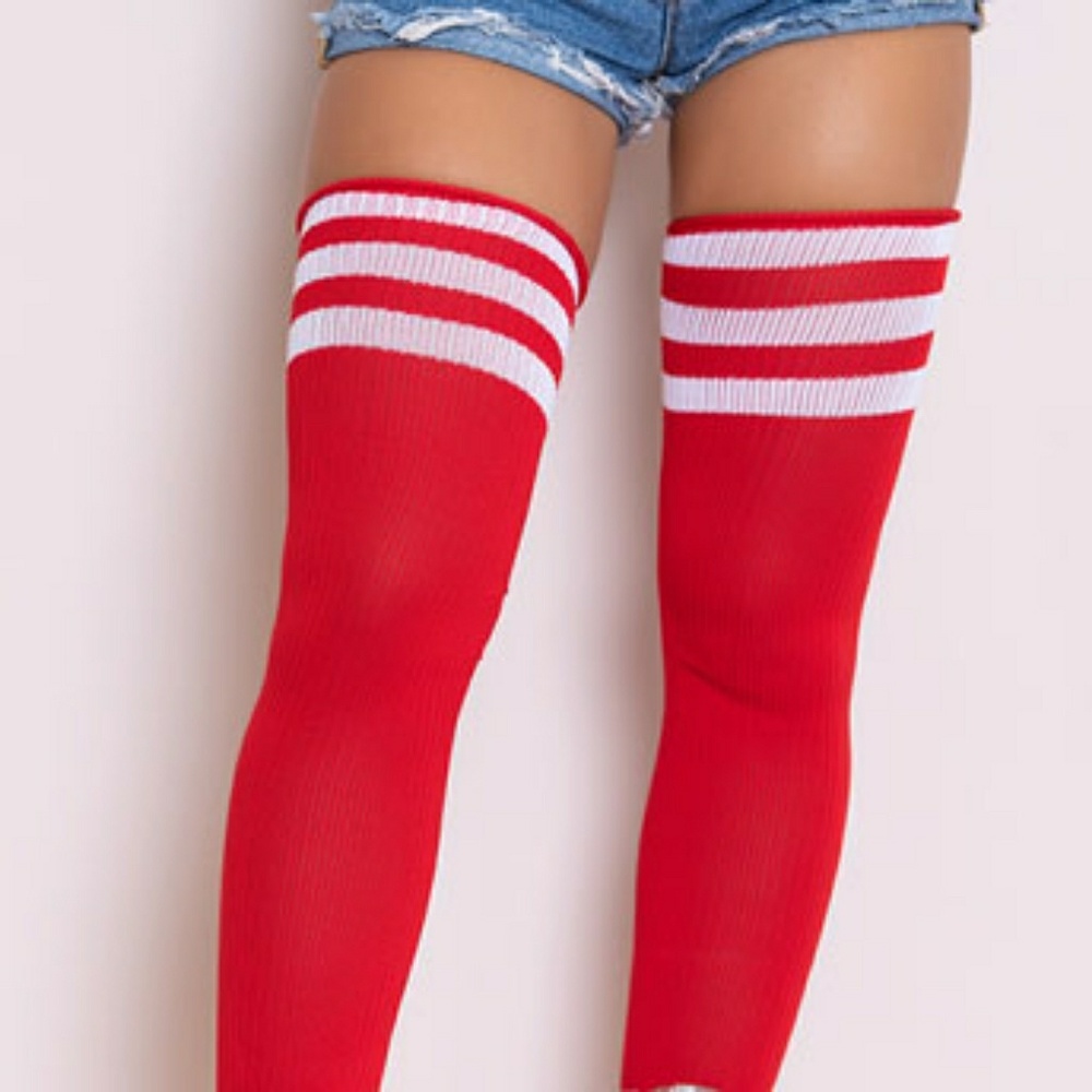 Red and White Striped Thigh High Socks